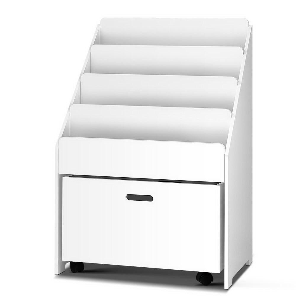 Keezi Kids White Bookshelf featuring four tiers, chalkboard labels, and a removable storage box, designed for children's safety and organization.